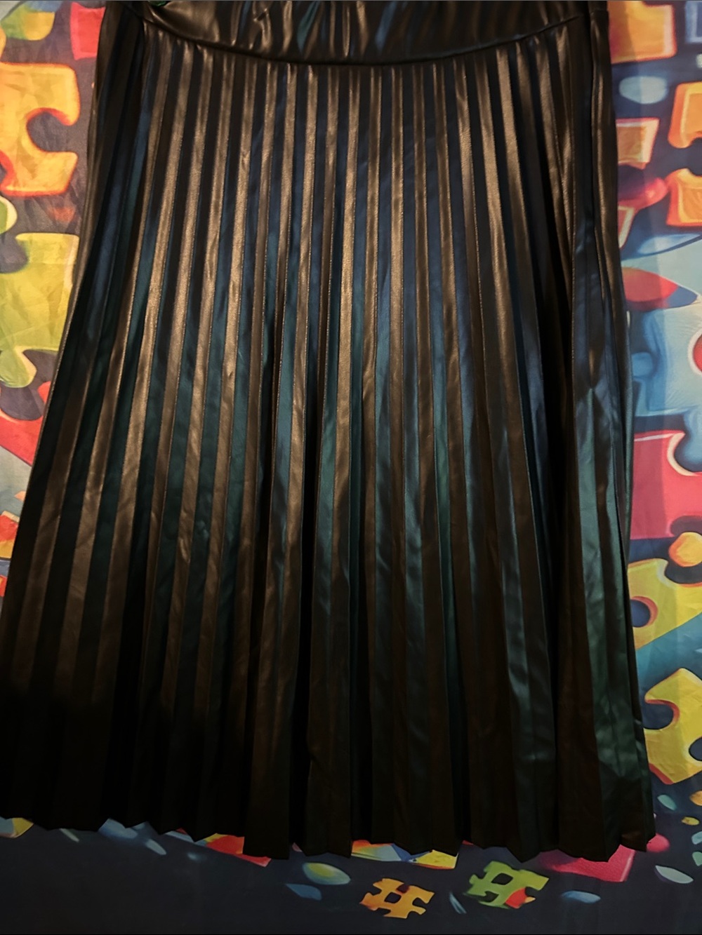Haute Monde Black Pleated Faux Leather Midi Skirt
